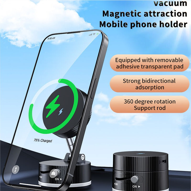 Vacuum Magnetic Wireless Charging Car Phone Holder, 360° Rotation Bidirectional Adsorption Dash Mount, MagSafe Compatible Phone Stand