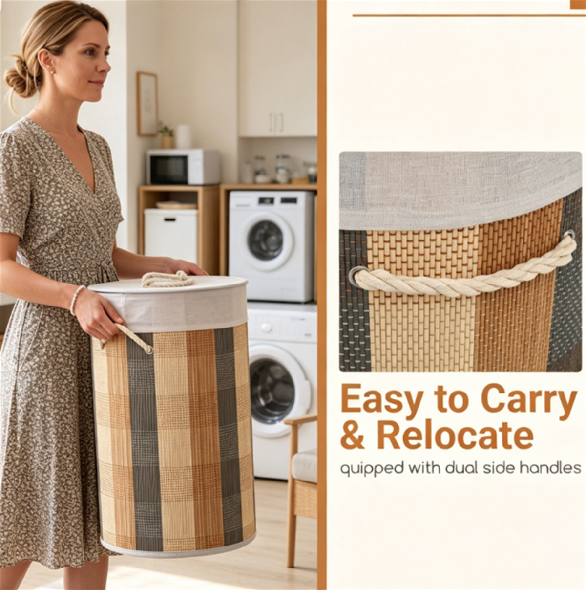 13.2 Gallon Bamboo Laundry Hamper with Lid, Collapsible Woven Clothes Basket with Side Handles & Removable Liner for Bathroom Nursery