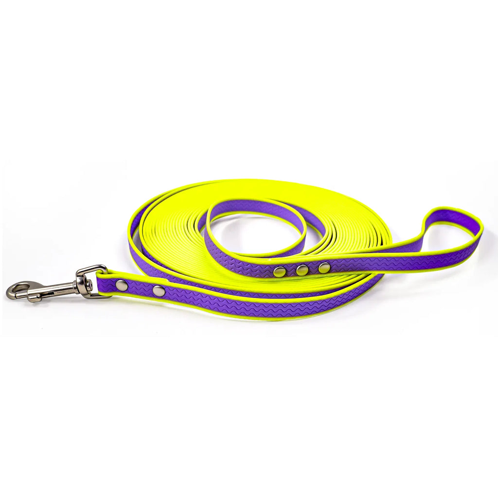 5M Two-Tone Waterproof Dog Training Leash, Purple Yellow Embossed Tangle-Free Long Lead for Dog Recall Training Daily Walking