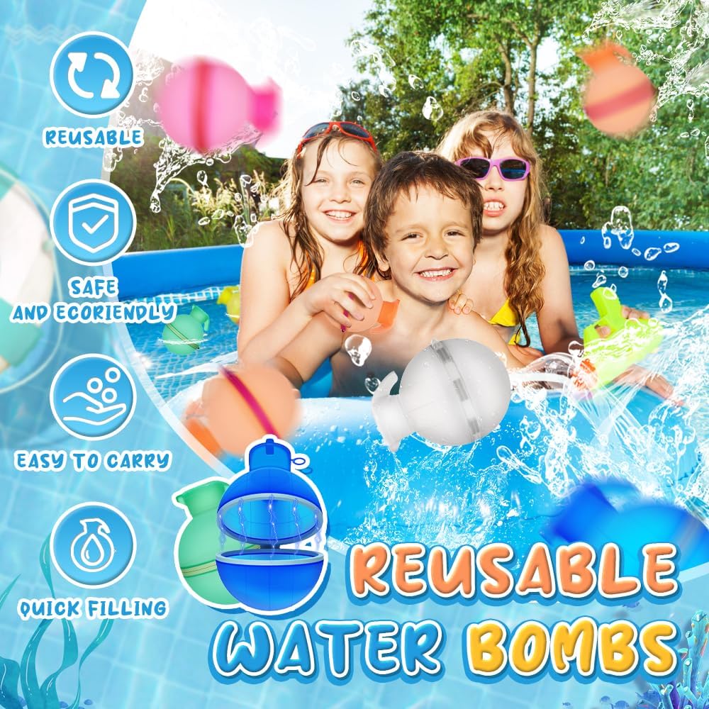12 Pack Reusable Water Balloons, Quick Fill Silicone Water Bombs, Safe Eco‑Friendly Summer Water Toy for Kids, for Pool Beach Backyard Outdoor Water Fight Games