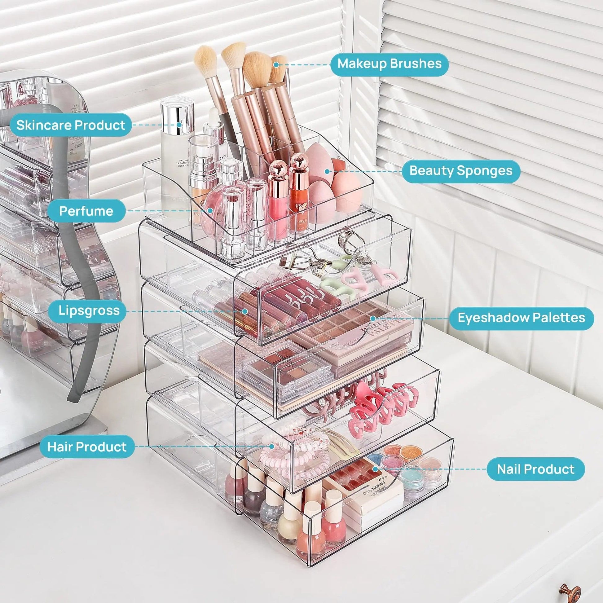 Clear Stackable Makeup Organizer with 2 Drawers, 3-Tier Cosmetic Storage with Divided Top Tray, Non-Slip Vanity Holder for Skincare Brushes