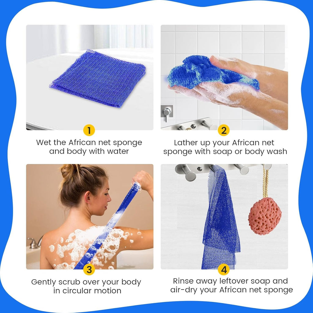 African Exfoliating Net Sponge, 2 Pack Long Nylon Bath Net Washcloth, Body Back Scrubber for Skin Smoothing, Shower Exfoliating Towel for Men Women