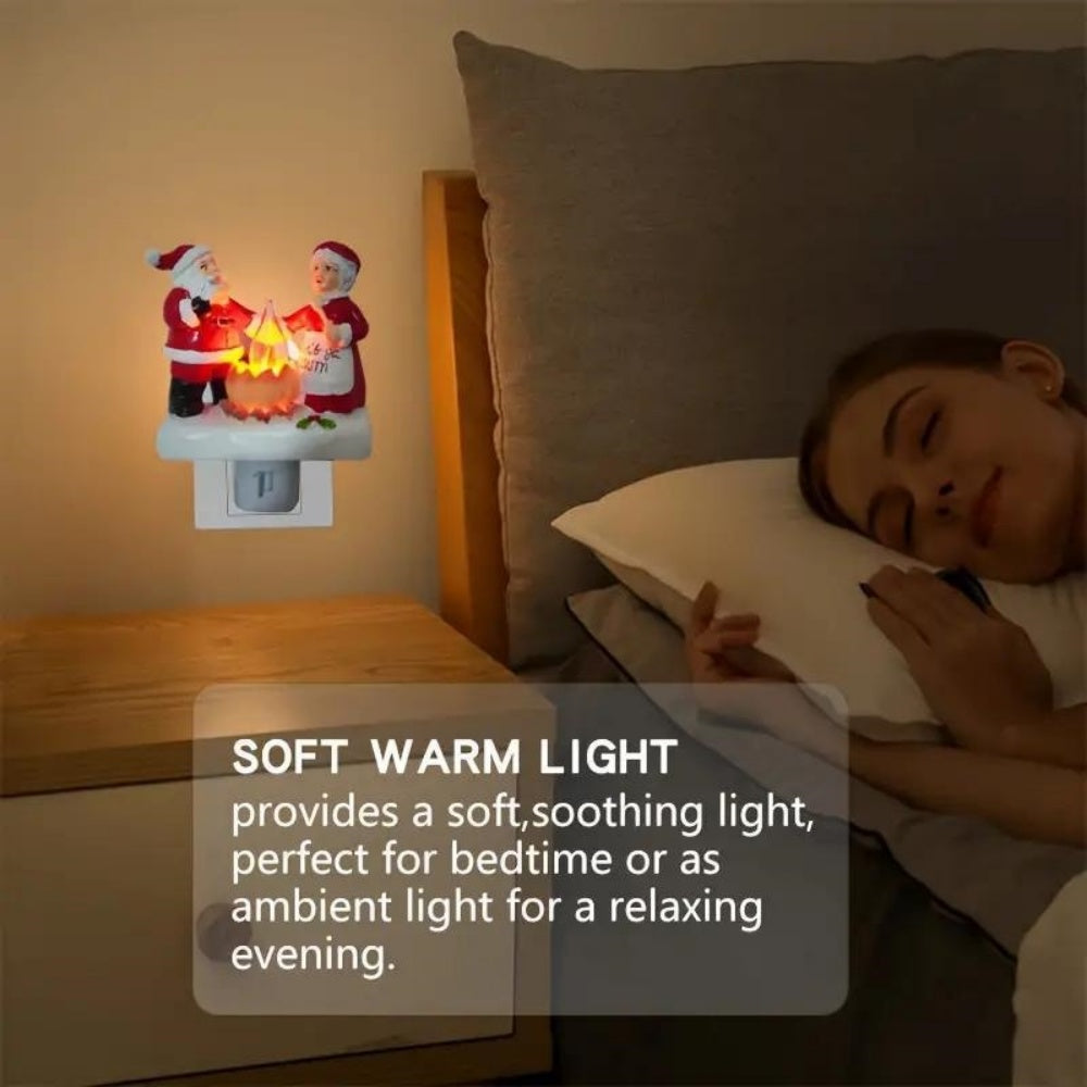 Christmas Plug-in Night Light Santa and Mrs Claus Roasting Marshmallow by Campfire Flickering Flame Resin Figurine Wall Sconce.