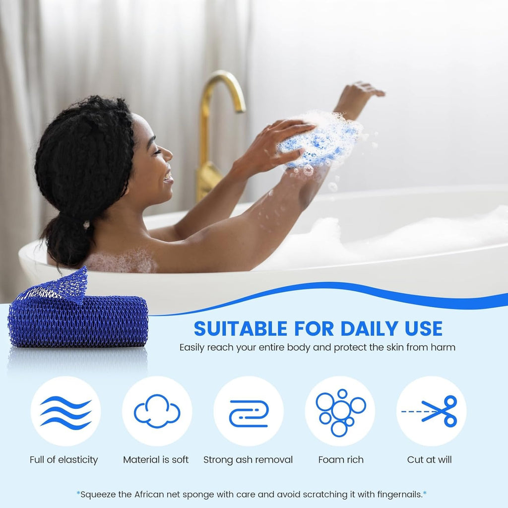 African Exfoliating Net Sponge, 2 Pack Long Nylon Bath Net Washcloth, Body Back Scrubber for Skin Smoothing, Shower Exfoliating Towel for Men Women