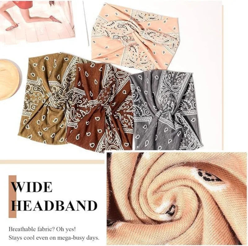 Women's Boho Paisley Print Twist Knotted Wide Headband, Stretchy Non Slip Fabric Head Wrap Hair Band for Yoga Workout Daily Wear, 4 Pack