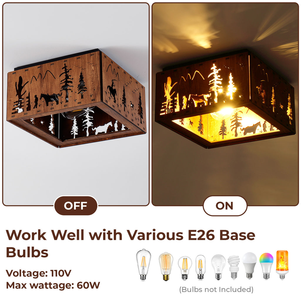 Square Walnut Flush Mount Ceiling Light, Tropical Palm Tree Cutout Wood Iron Ceiling Lamp with E26 Socket, Vintage Rustic Ceiling Light for Bedroom Hallway
