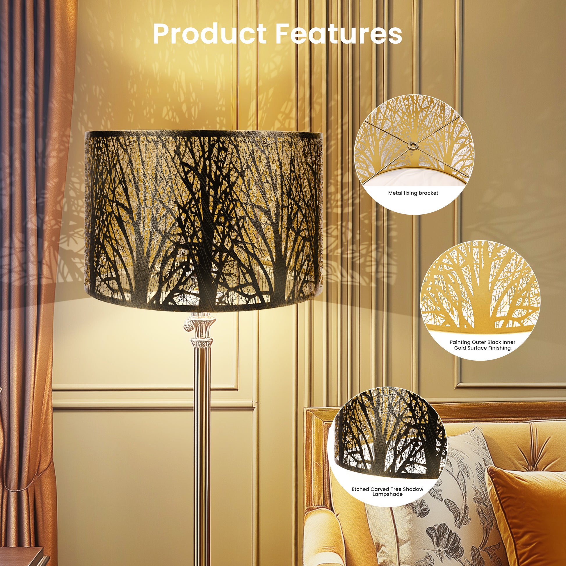 ALUCSET 18"×12" Drum Metal Lamp Shade, Black Gold Forest Etched Tree Shadow Lampshade with Spider Fitter for Table, Floor & Pendant Lights
