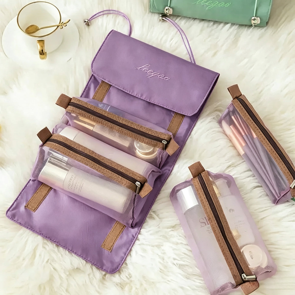 Roll Up Travel Makeup Bag with 4 Detachable Mesh Pouches, Portable Foldable Cosmetic Toiletry Organizer for Vacation & Daily Use