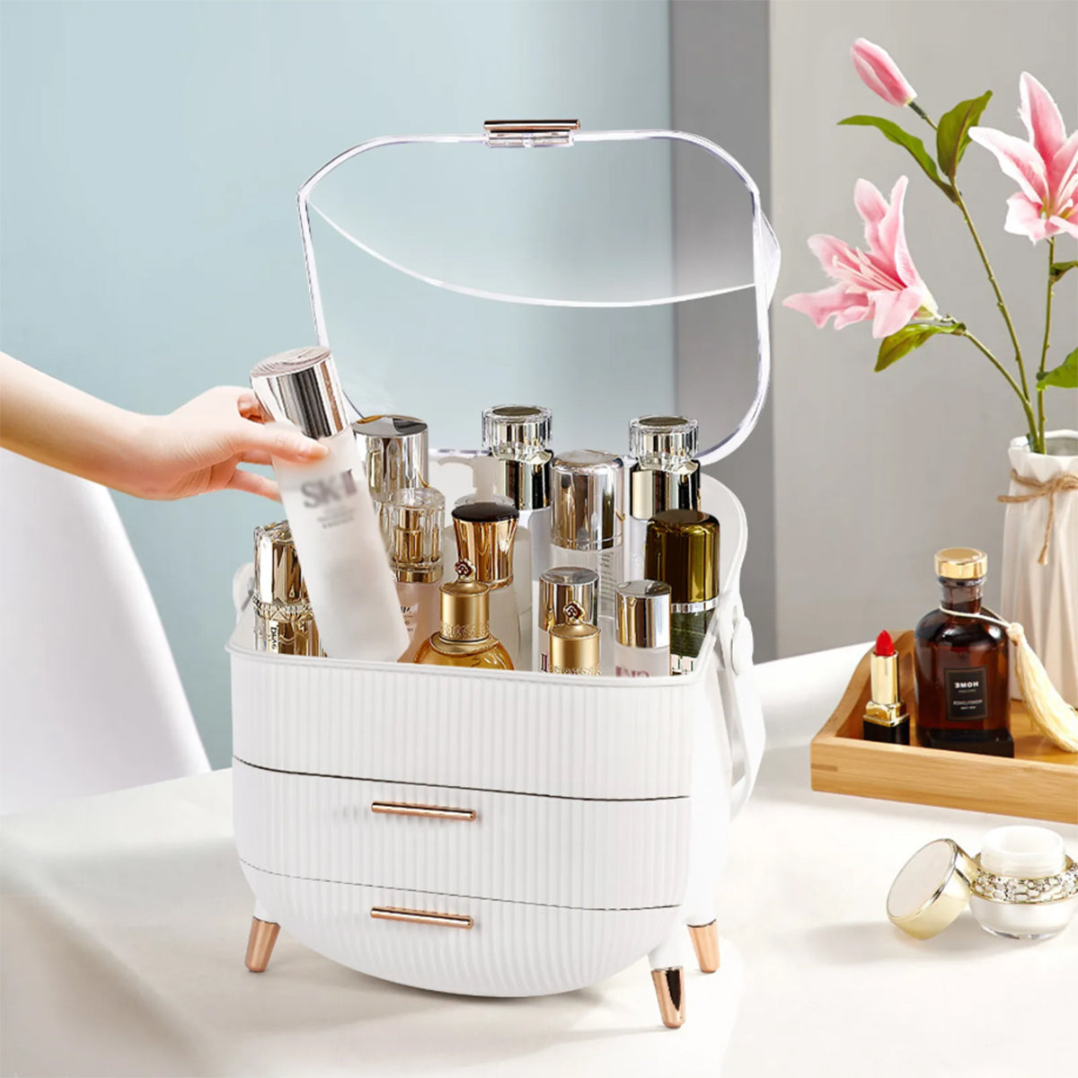Makeup Organizers and Storage, vanity makeup organizer, cosmetic skincare storage, with lid and drawers, display case, countertop, white