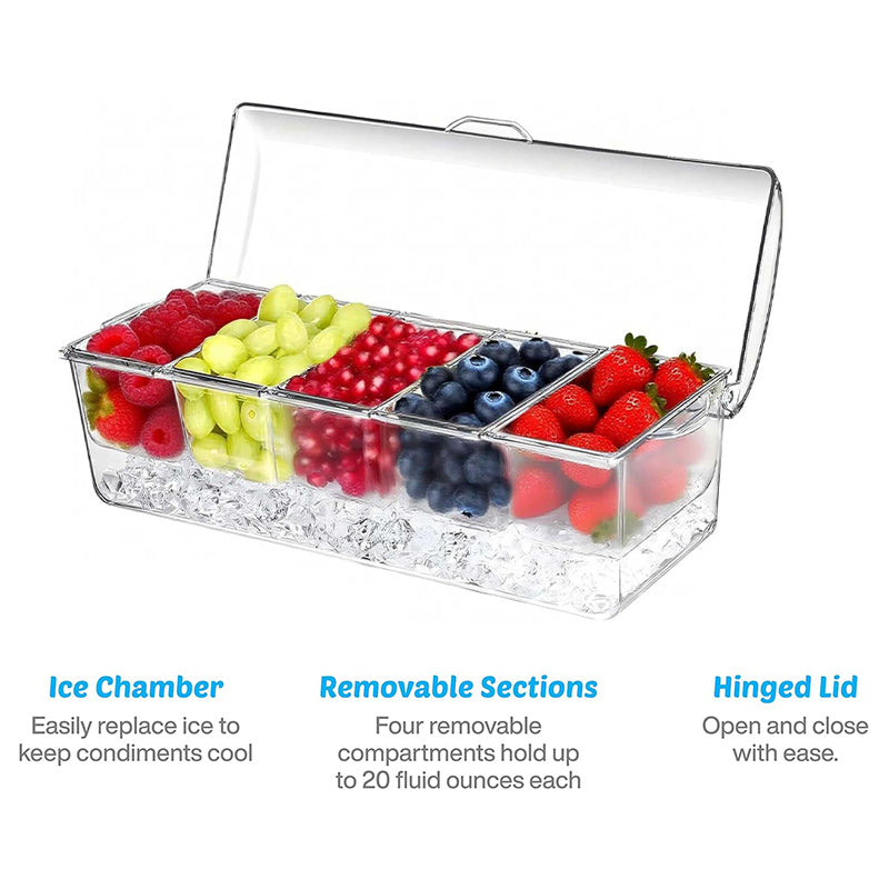 Chilled Condiment Server, condiment tray, bar garnish holder on ice, removable trays, with lid, stainless steel spoons forks clip, bar accessories, fruit salad storage