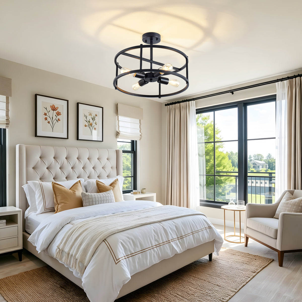 4-Light Semi Flush Mount Ceiling Light, Industrial Black Metal Circular Frame Cage Chandelier, Farmhouse Ceiling Lamp for Bedroom Living Room Hallway Entryway Home Decor