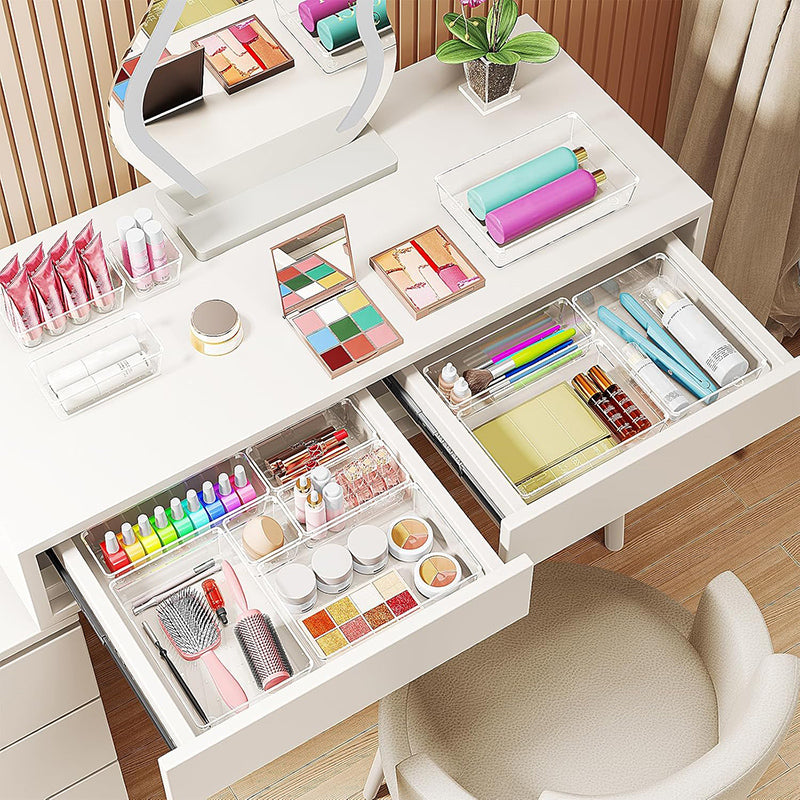 25 Pack Clear Plastic Drawer Organizer Trays, 4 Size Storage Bins with Non-Slip Mats, Multi-Use Drawer Dividers for Vanity Makeup, Jewelry, Kitchen Utensils, Bathroom & Office Desk Storage