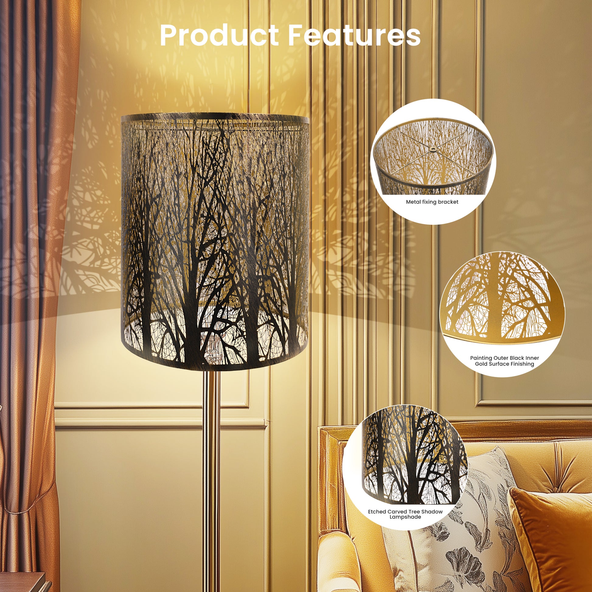 ALUCSET 14"×17" Cylinder Metal Lamp Shade, Black Gold Forest Etched Tree Shadow Lampshade with Spider Fitter for Table & Floor Lamps