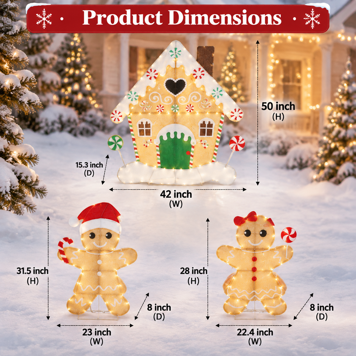 50" H 2D Gingerbread House Lighted Christmas Yard Decorations Set of 3 with 180 LED Lights