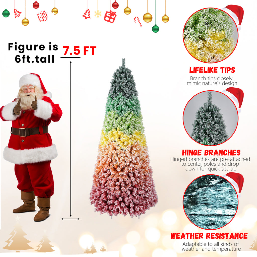 6FT/7.5FT Rainbow Gradient Christmas Tree, Snow Flocked Artificial Xmas Tree with Metal Stand for Holiday Decoration