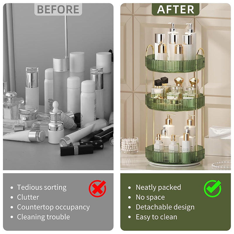 360° Rotating Perfume Organizer, 3-Tier Makeup Organizer and Storage, Large Capacity Cosmetic Holder, Bathroom Counter and Vanity Organizer, Green