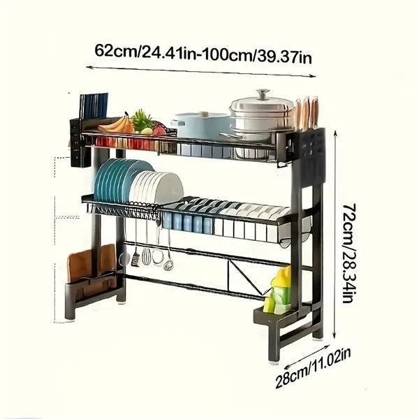 Aeelleea Retractable Dish Drying Rack, Single/Double Layer Countertop Sink Drain Rack, Black Kitchen Dish Storage