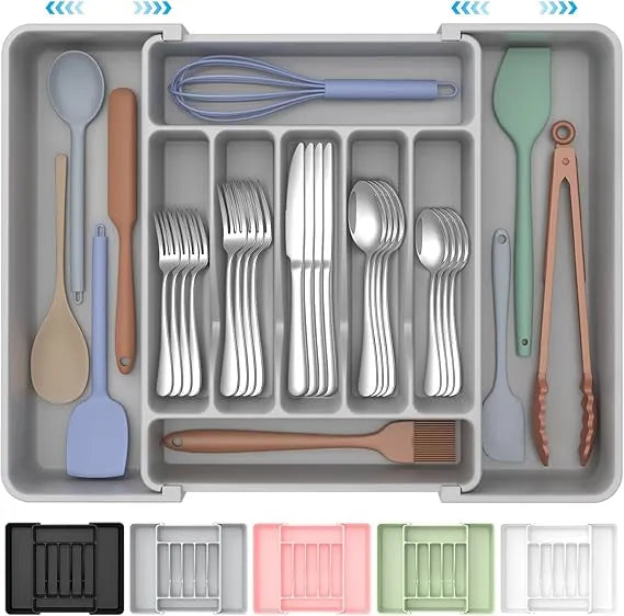 AEELLEEA Expandable Silverware Organizer Tray, Gray Adjustable Kitchen Drawer Utensil Holder for Flatware
