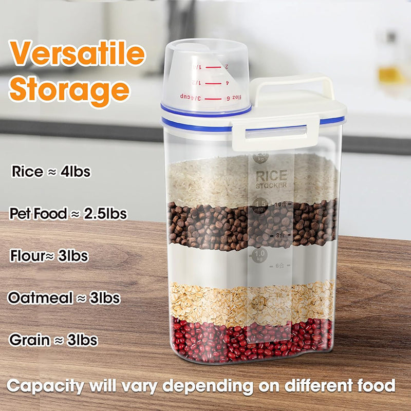 Airtight Cereal Containers Set of 4, 2.5L Plastic Food Storage Containers with Dispenser & Measuring Cup, Leakproof Canisters for Rice Flour Grain Oatmeal, Dry Pantry & Pet Cat Dog Food