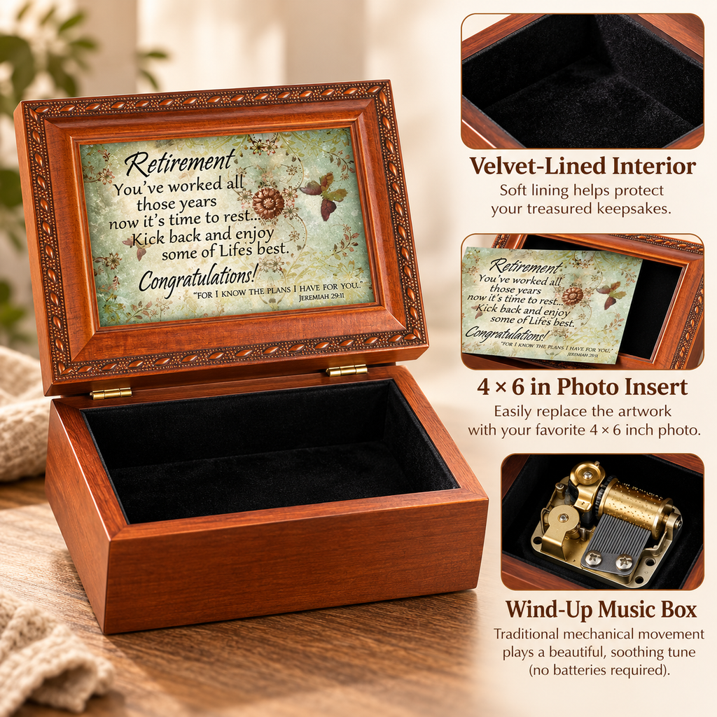 Retirement Keepsake Music Box with 4x6 Photo Insert, Wind-Up Musical Storage Box, 8 x 6 x 2.5 in