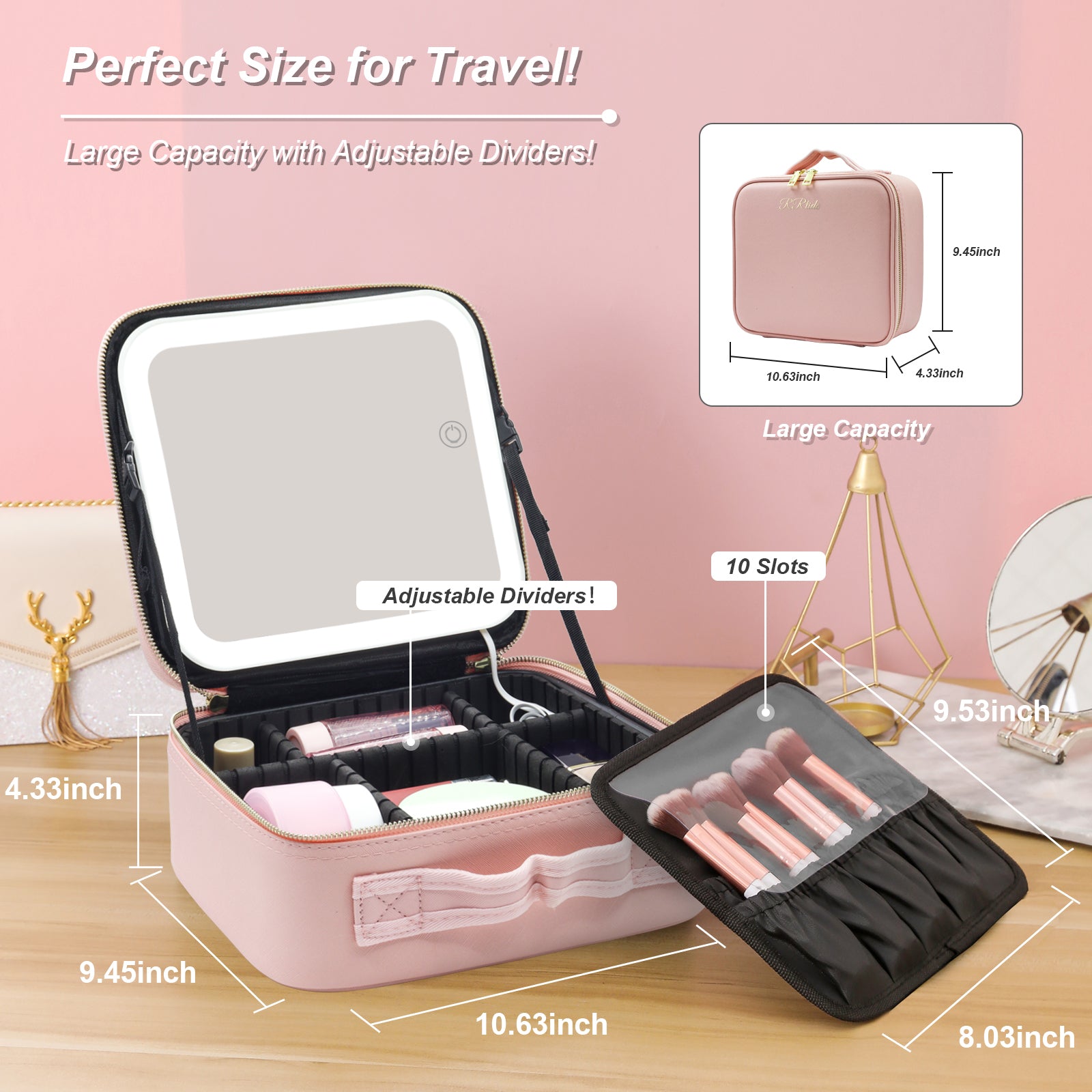 LED Makeup Bag with Mirror 3Color Light Adjustable Dividers Travel Case