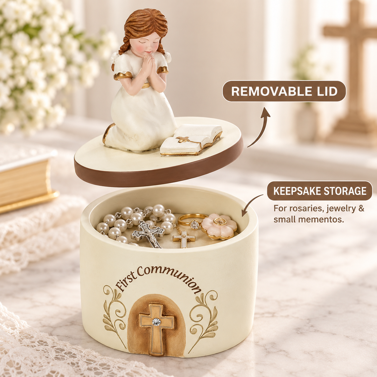 First Communion Keepsake Box with Praying Girl Figurine, Resin Religious Jewelry Box with Removable Lid, 5.25"
