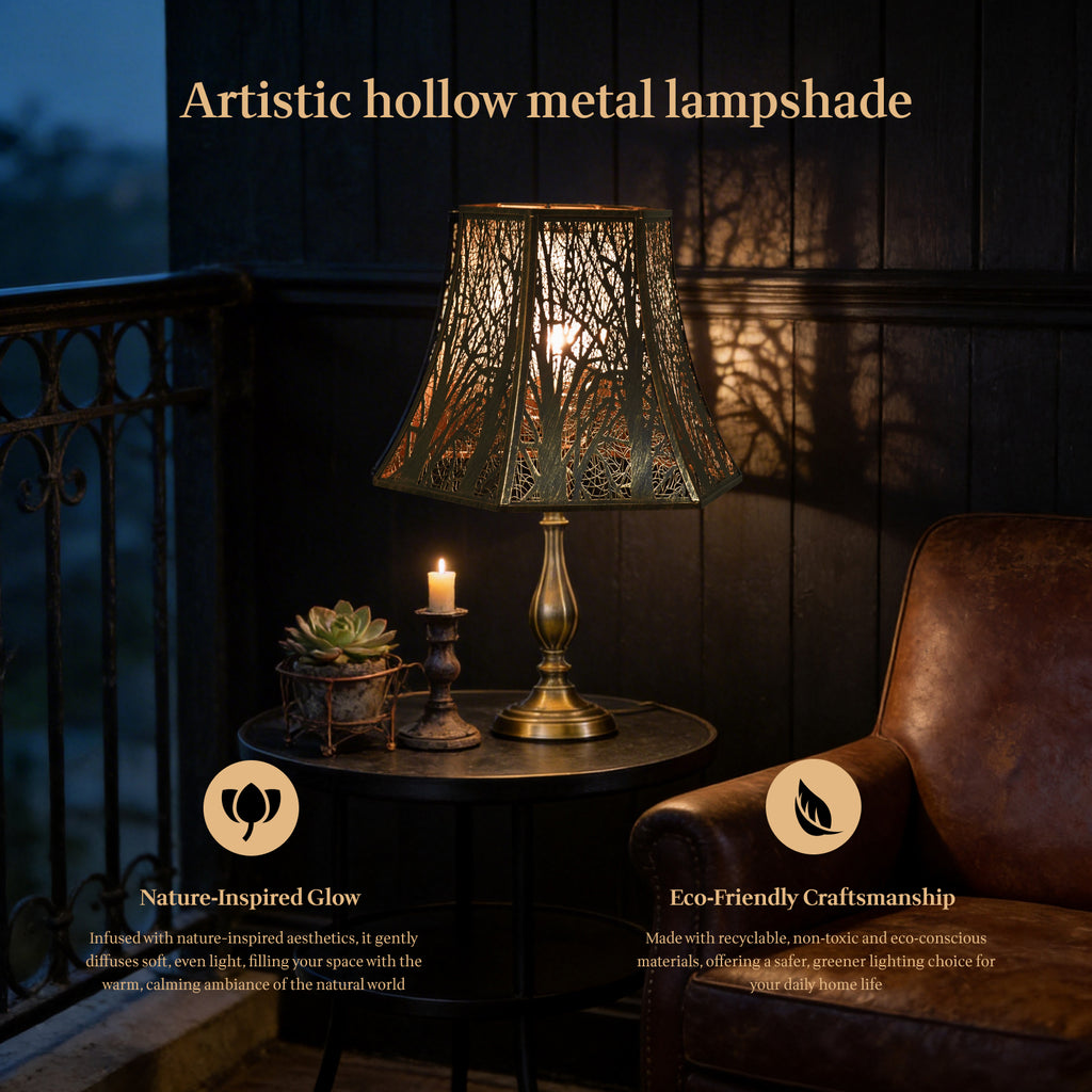 ALUCSET 6.2"×13"×10.8" Hexagonal Lamp Shade, Bronze Gold Forest Tree Etched Metal Lampshade with Spider Fitter for Table & Floor Lamps
