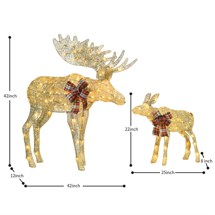 2‑Piece Lighted Christmas Deer Family, Pre‑lit Glittered Standing Ornaments with Stakes Included, Outdoor Yard & Home Holiday Decoration