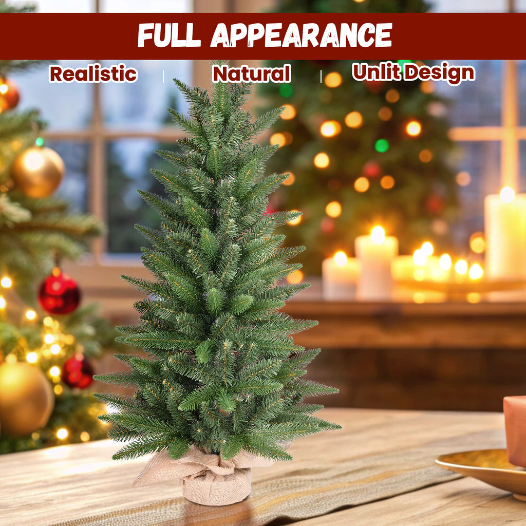 3FT Artificial Christmas Tree, 162 Branch Tips PE PVC Mixed Unlit Pine Tree with Burlap Base, Realistic Holiday Decor for Home Office