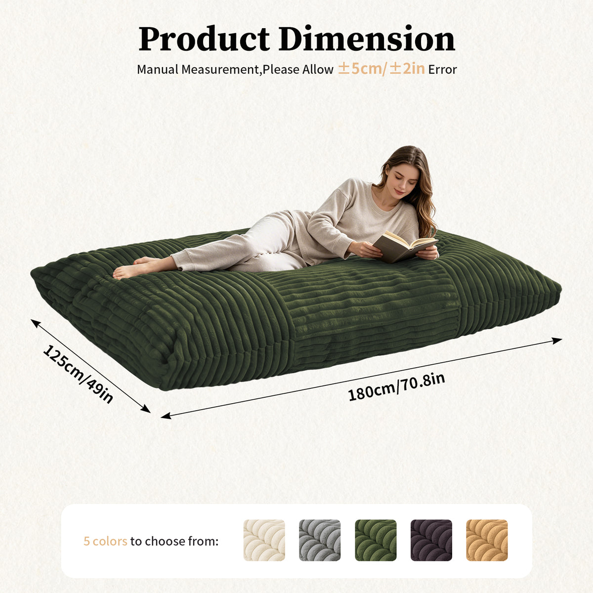 AEELLEEA Green Convertible Corduroy Bean Bag Chair, 3-in-1 Floor Sofa Bed with High Density Sponge for Home Decor