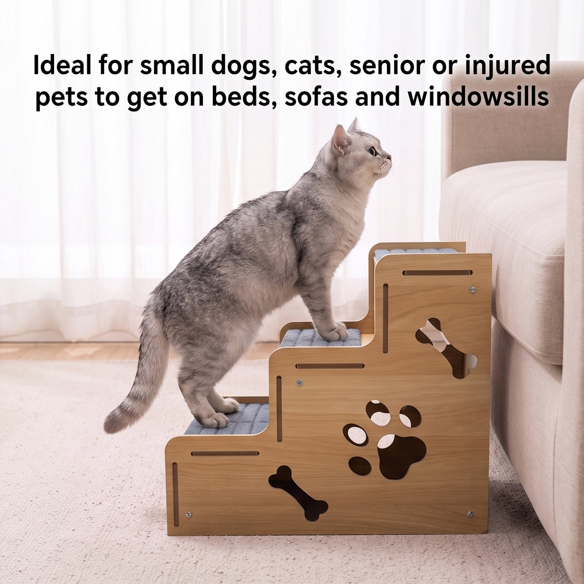 Wooden Carpeted Pet Steps, Non-Slip Dog Stairs Pet Ladder for Small Dogs, Puppies, Older Cats, Great for Couch & High Bed Access