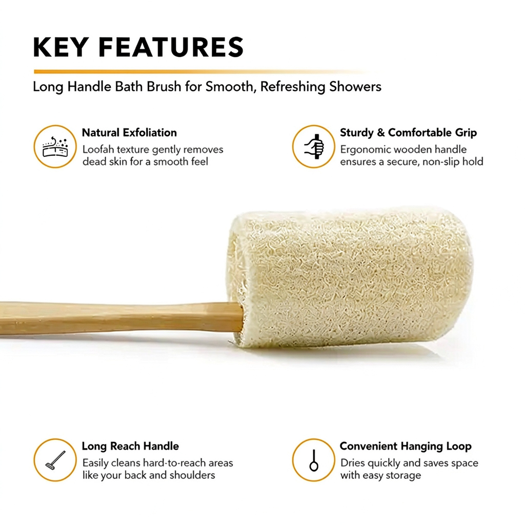AEELLEEA Natural Loofah Bath Brush with Long Wooden Handle, Exfoliating Shower Scrubber for Back Body