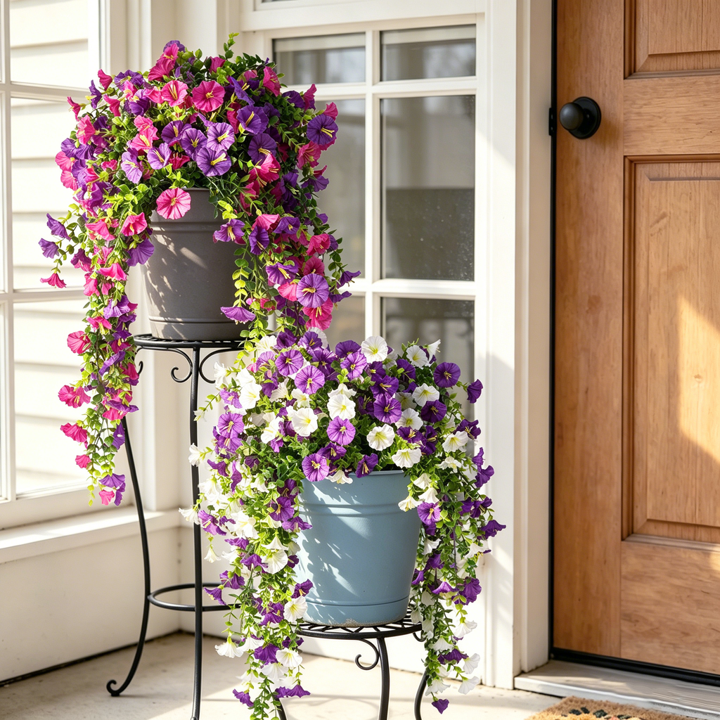 6Pcs Artificial Hanging Morning Glory Flowers, 26.7in UV Resistant Fake Trailing Flower Vines for Porch Patio Outdoor Fall Decor