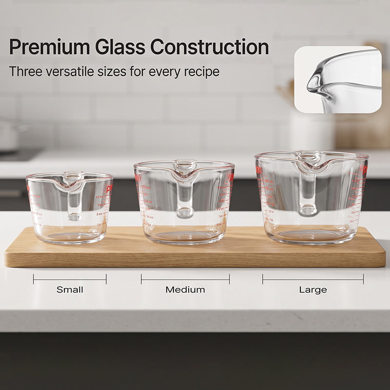 3-Piece Glass Measuring Cups Set, 8 oz 16 oz & 32 oz Liquid Measuring Cups, Clear Glass with Easy-Read Markings, Dishwasher, Oven & Microwave Safe