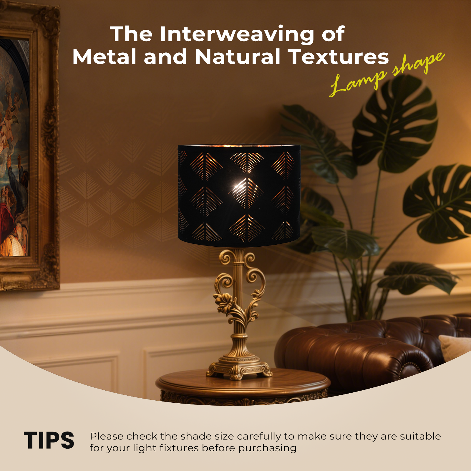 Black Cutout Lampshades Set of 2, 13"×10" Drum Shades with Gold Inner Lining, Spider Fitter for Table & Floor Lamps