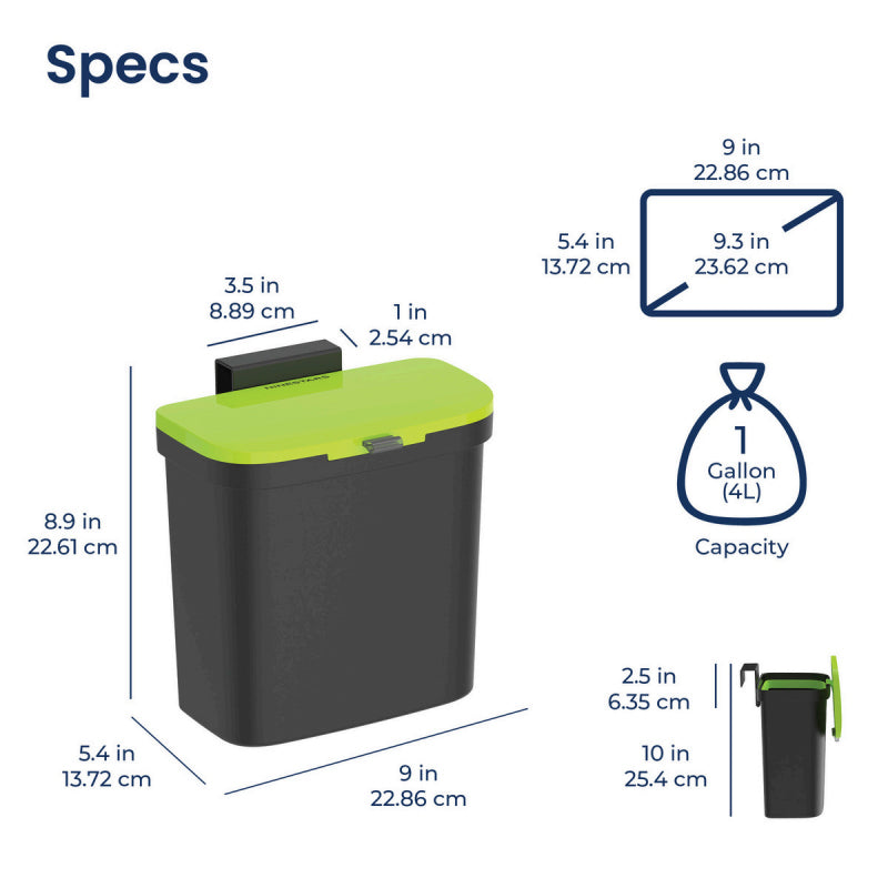 Kitchen Cabinet Door Hanging Trash Can 4L Counter Scrap Collector Small Indoor Bin Lid Manual Open Slim Wall Mount Waste Container Removable Hook Compact Plastic for RV Bathroom Dorm Pantry Sink