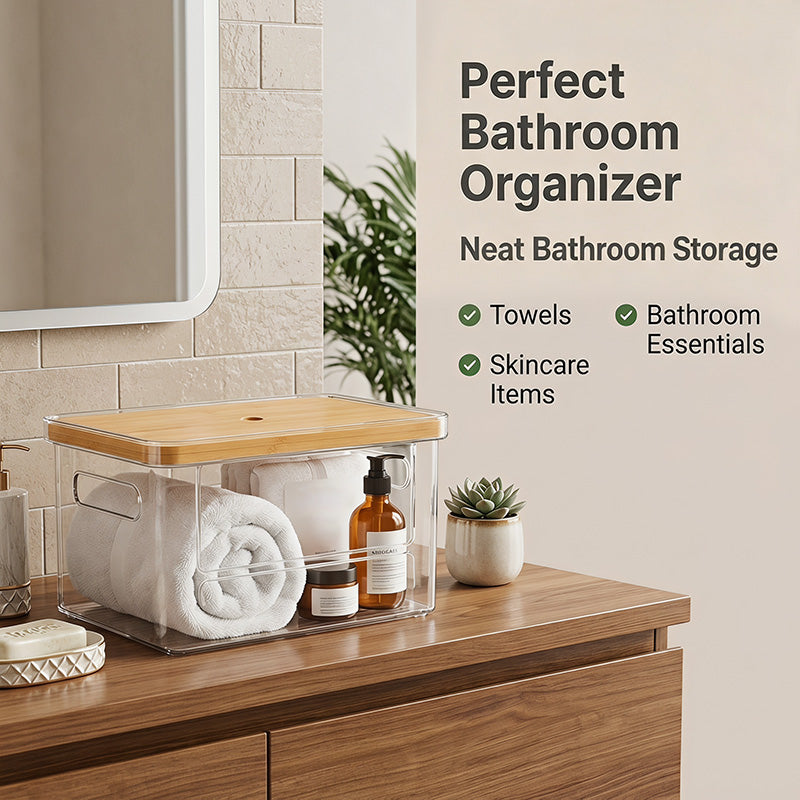 Stackable Storage Organizer with Bamboo Top, Extra Large Trash Bag Dispenser, Garbage Bag Holder, Under Sink Organizer, Pantry and Laundry Room Storage
