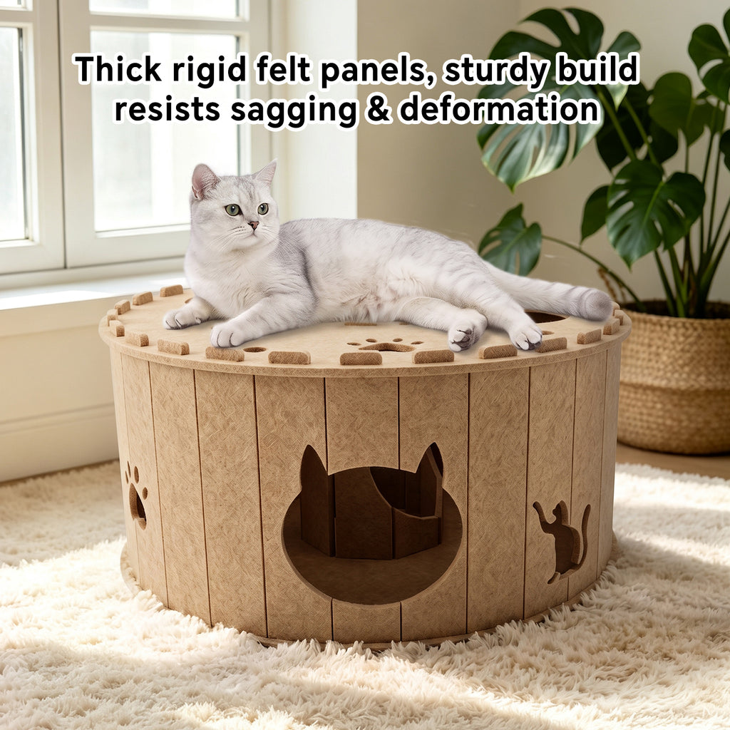 Felt Cat Bed for Indoor Cats, Kitty Cave Tunnel House with Scratching Surface, Scratch-Resistant Hideaway for Multiple Cats