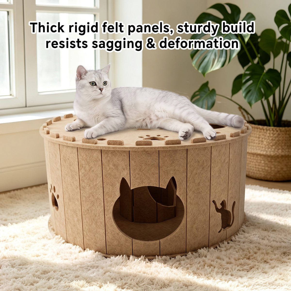 Felt Cat Bed for Indoor Cats, Kitty Cave Tunnel House with Scratching Surface, Scratch-Resistant Hideaway for Multiple Cats