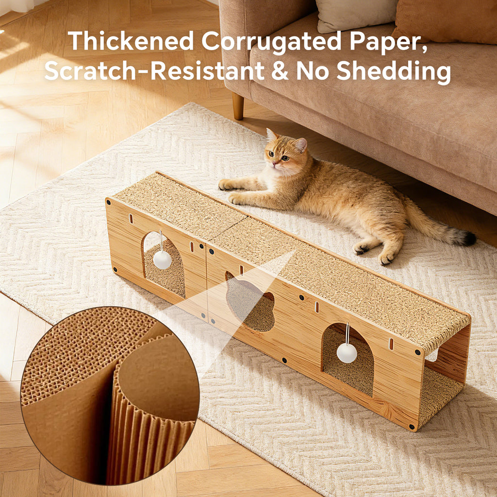Cat Scratcher for Indoor Cats, L-Shaped Cat Scratching Pad with Tunnel, Interactive Cat Toy, Scratch Board for Furniture Protection