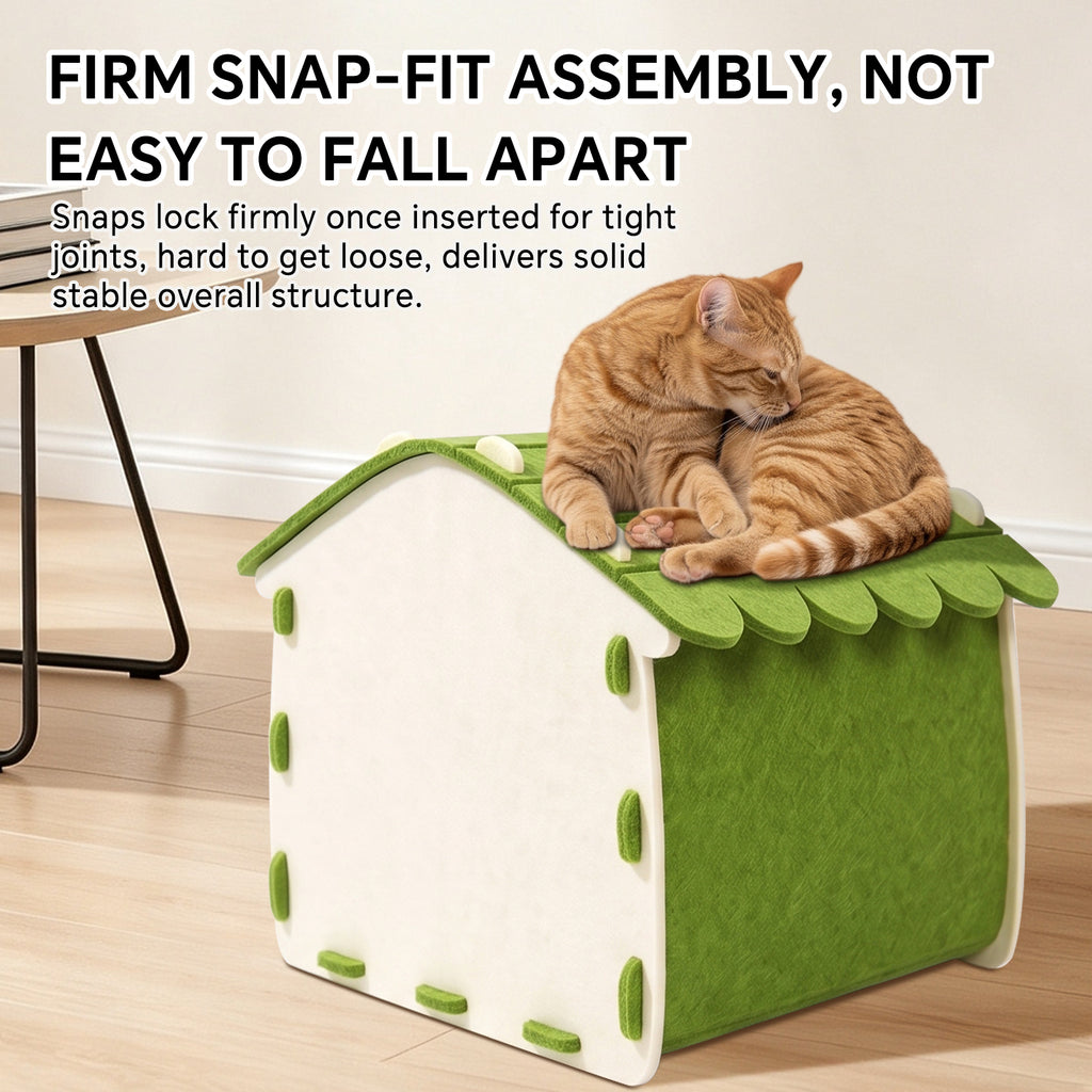Foldable Felt Cat House Bed with Hideaway Cave, Scratch Resistant Cozy Cat Nest for Indoor Cats Kittens and Small Pets, Portable Easy Storage, Green