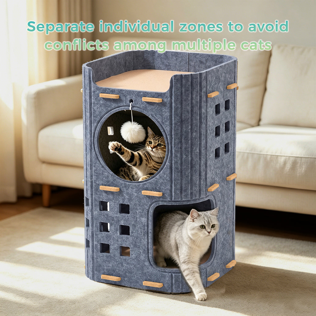 23.62 Inch 2-Storey Felt Cat Bed Cave, Large Covered Tunnel Hideaway, Scratch Resistant Cozy Indoor Condo for Multi Cats, Dark Grey