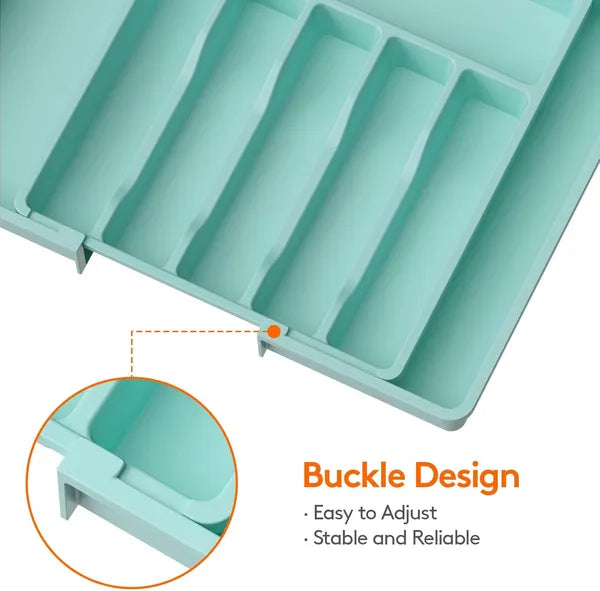 AEELLEEA Expandable Silverware Drawer Organizer Tray, Turquoise Adjustable Kitchen Utensil Holder for Flatware