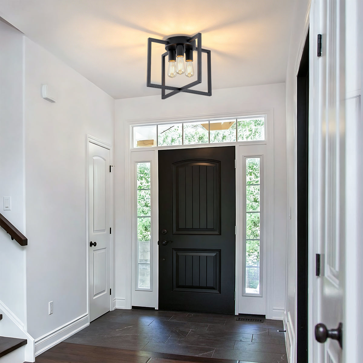 3-Light Semi Flush Mount Ceiling Light, Industrial Black Metal Geometric Square Cage Chandelier, Farmhouse Ceiling Lamp for Bedroom Living Room Hallway Entryway Home Decor