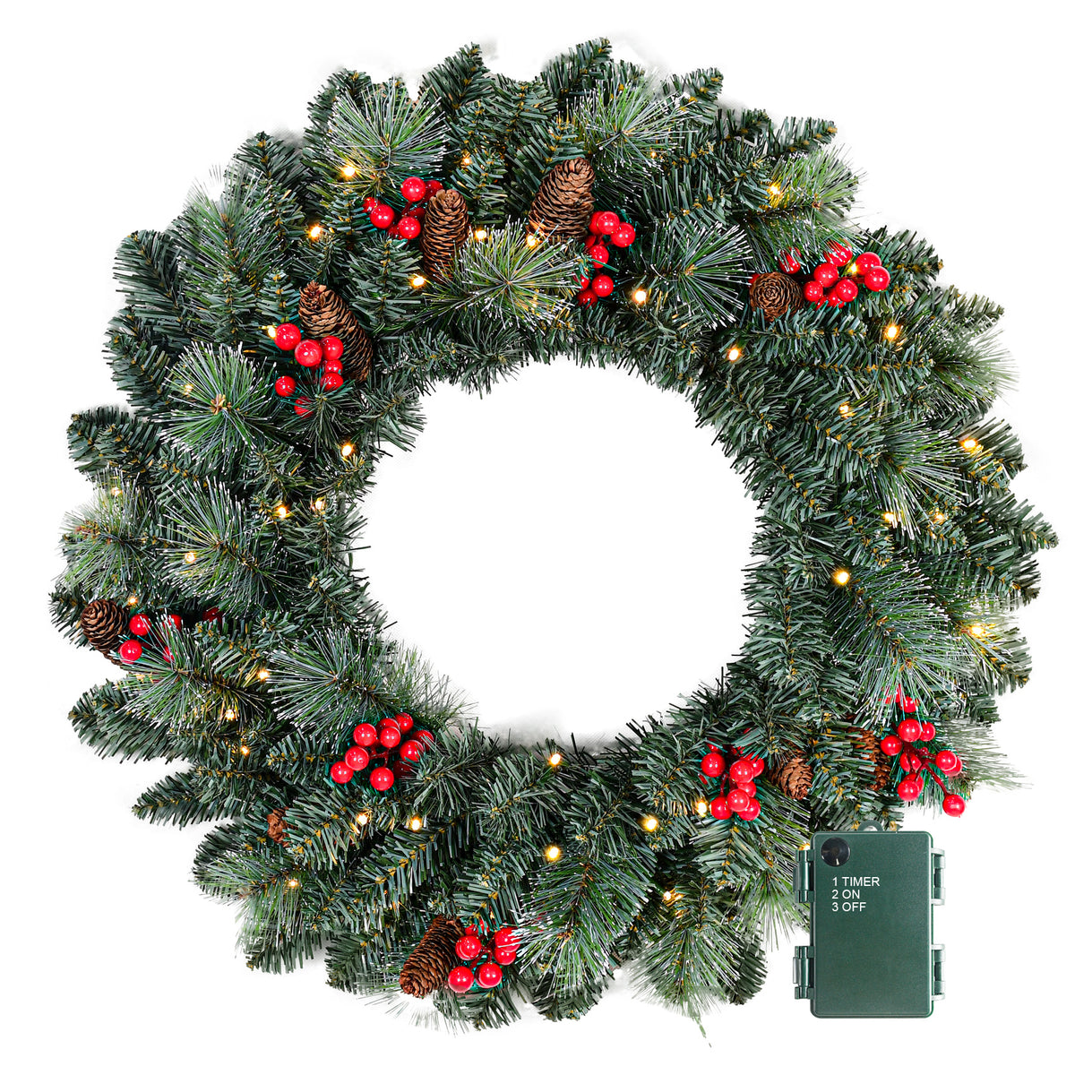 25" Pre-Lit Christmas Wreath with 70 Warm White LED Lights, Battery Operated Pine Needle Wreath with Berries & Pine Cones for Front Door.