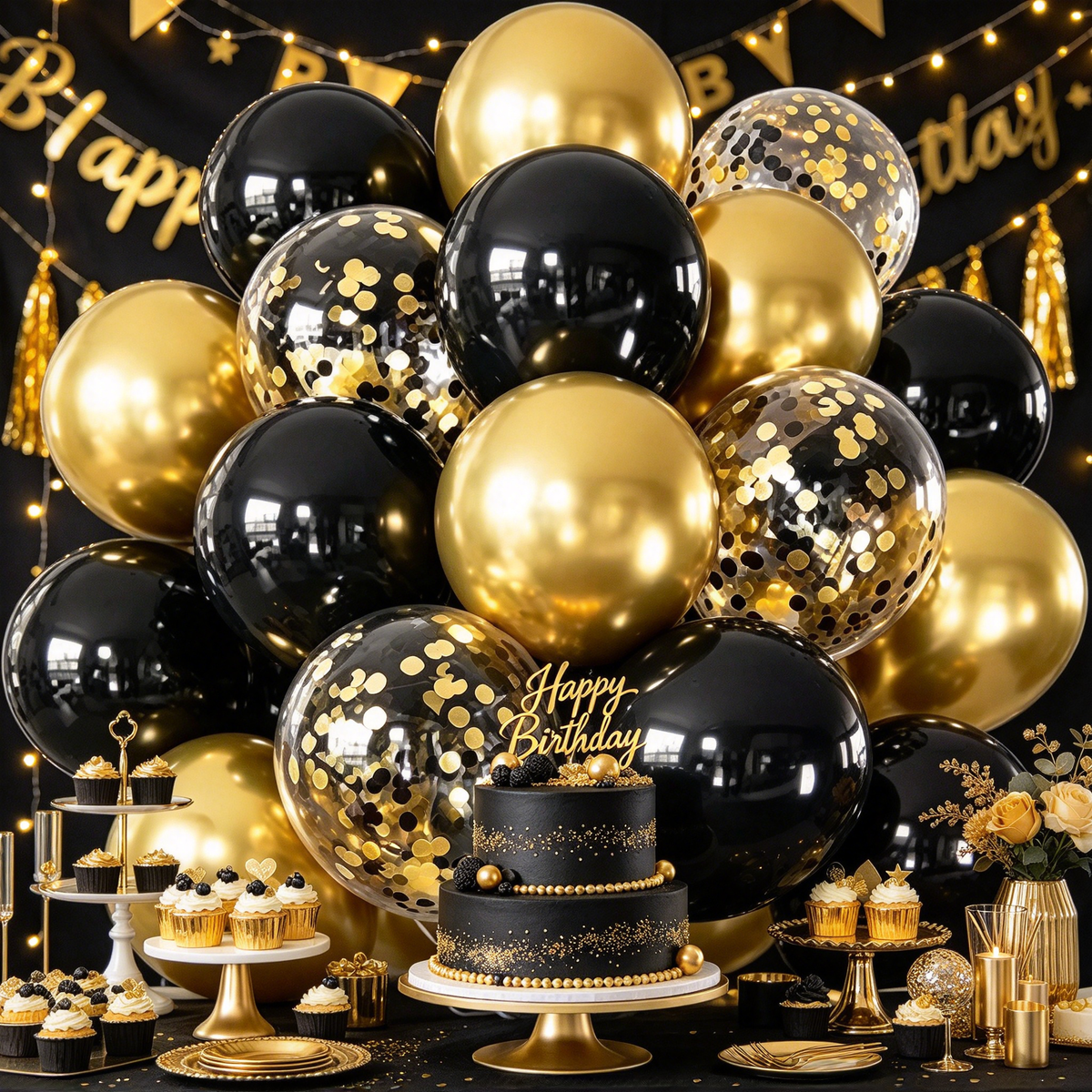 50‑Pack 12 Inch Black & Gold Latex Balloons, Metallic & Confetti Thickened Balloon Set for Birthday, Wedding, New Year Retirement Party Decorations