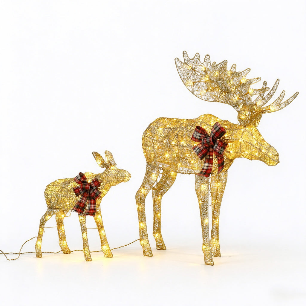 2‑Piece Lighted Christmas Deer Family, Pre‑lit Glittered Standing Ornaments with Stakes Included, Outdoor Yard & Home Holiday Decoration