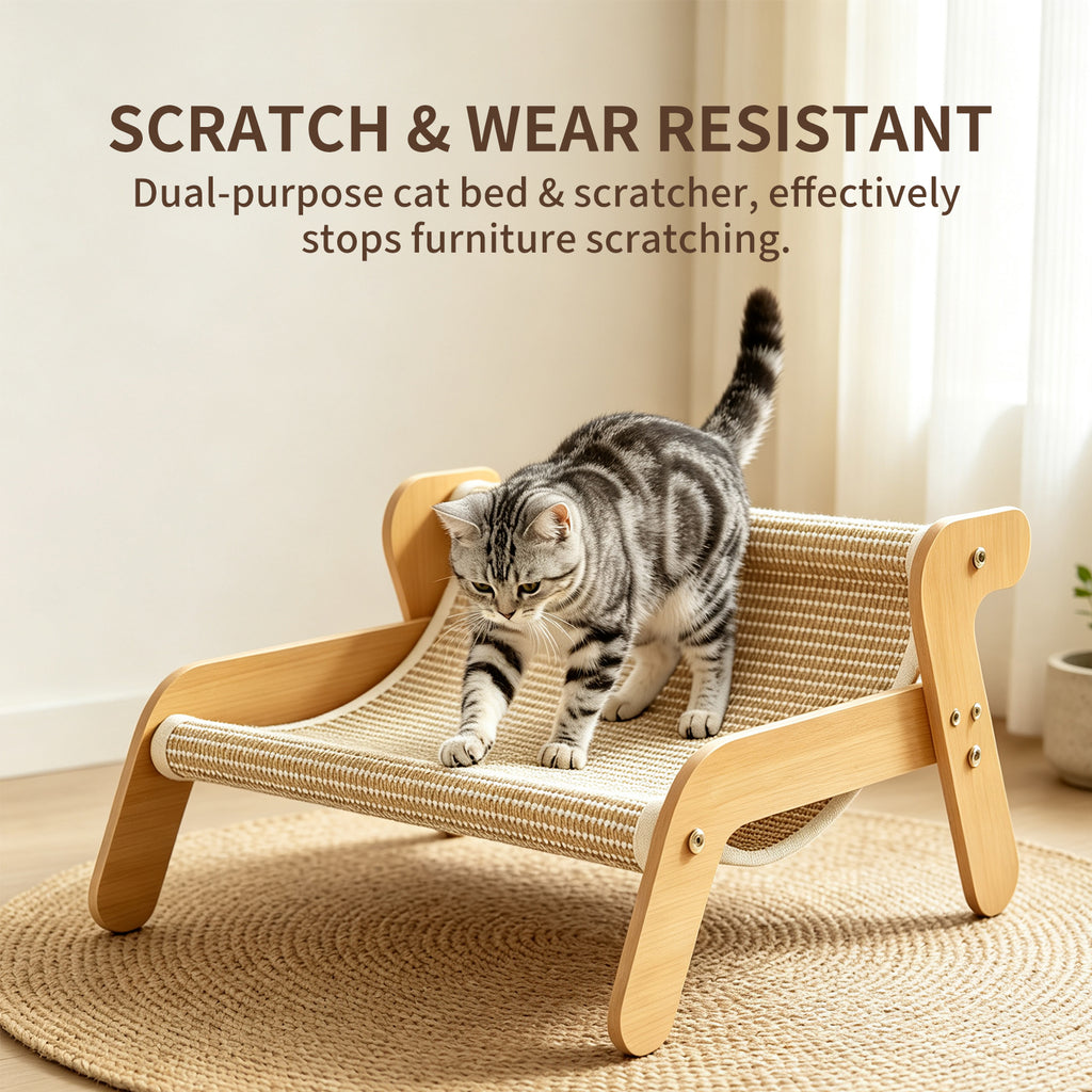 Sisal Cat Scratcher Couch, Wooden Frame Cat Lounger, Scratching Board Furniture for Indoor Cats