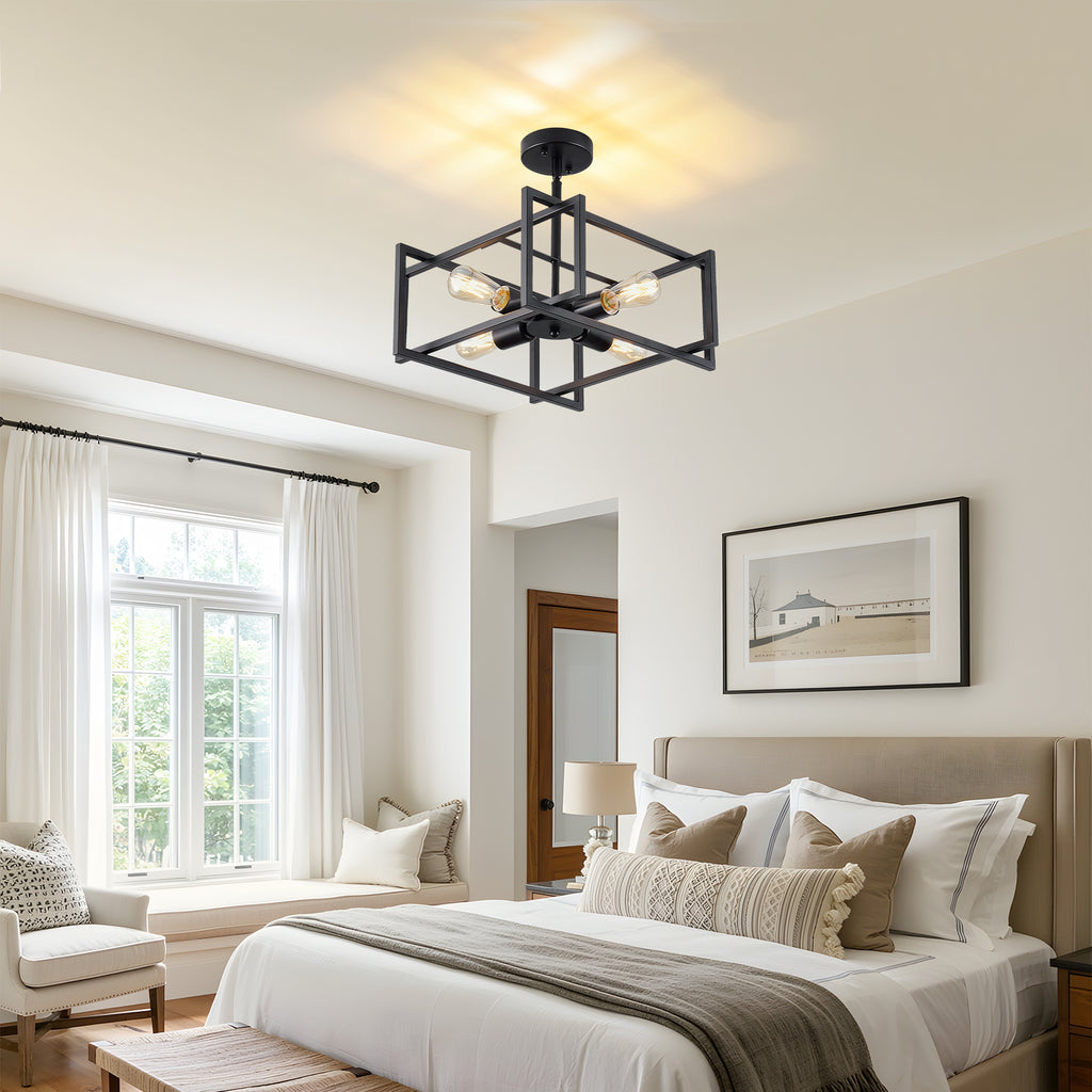 4-Light Semi Flush Mount Ceiling Light, Industrial Black Metal Square Cage Chandelier, Farmhouse Geometric Ceiling Lamp for Bedroom Living Room Hallway Entryway Home Decor