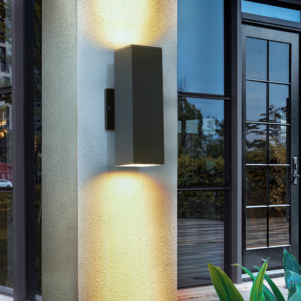 Modern Up & Down Wall Sconce, Black Aluminum & Tempered Glass Wall Light with GU10 Bulbs Included, Hardwired 120V 60W Max
